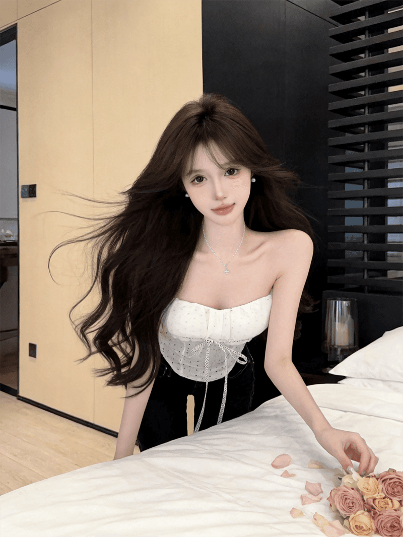 정가 실사 핫걸 섹시함 도트 무늬 튜브탑 조끼 여성 여름 외출용 순수한 욕망 바람 스트랩 허리 수축 민소매 맨위 상세 이미지 6