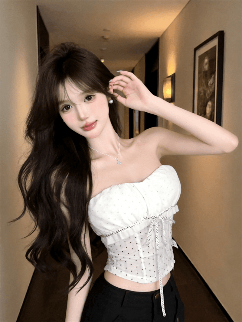 정가 실사 핫걸 섹시함 도트 무늬 튜브탑 조끼 여성 여름 외출용 순수한 욕망 바람 스트랩 허리 수축 민소매 맨위 상세 이미지 11