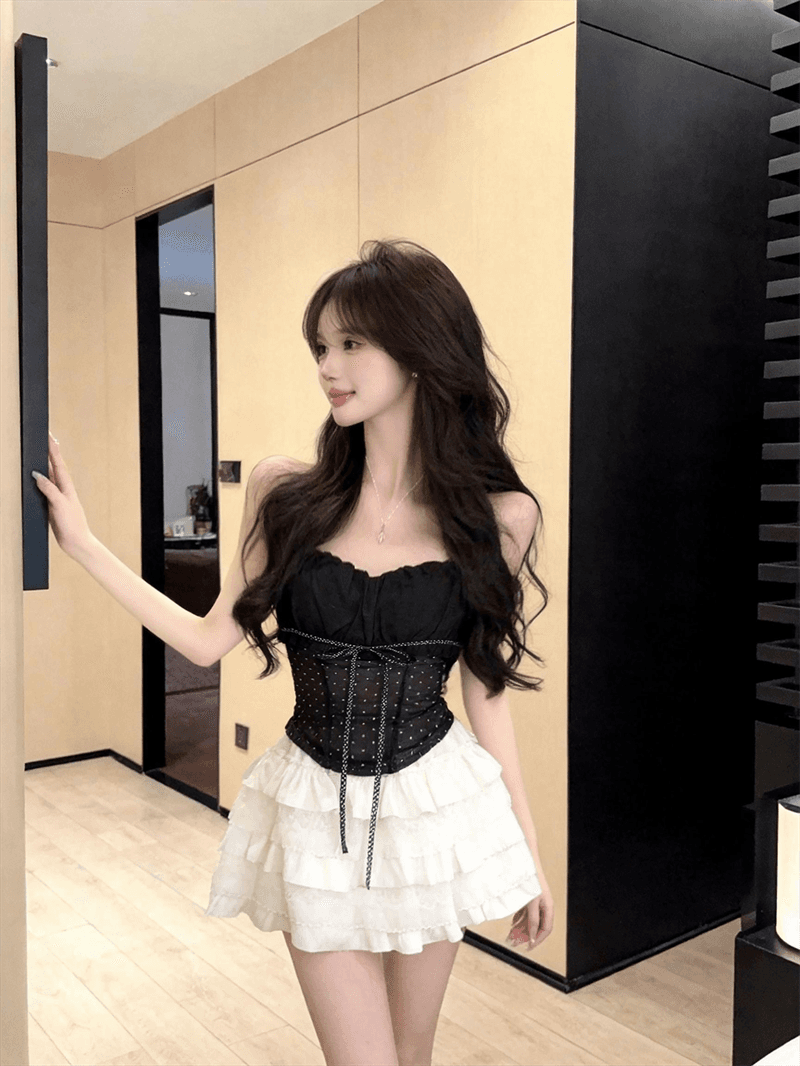 정가 실사 핫걸 섹시함 도트 무늬 튜브탑 조끼 여성 여름 외출용 순수한 욕망 바람 스트랩 허리 수축 민소매 맨위 상세 이미지 18