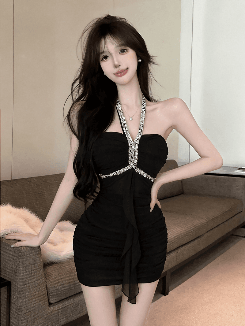 정가 실사 순수한 욕망 섹시함 핫걸 스팽글 행침 목 튜브탑 타이트 스커트 미니 스커트 주름 슬림해 보이는 드레스 이미지 4