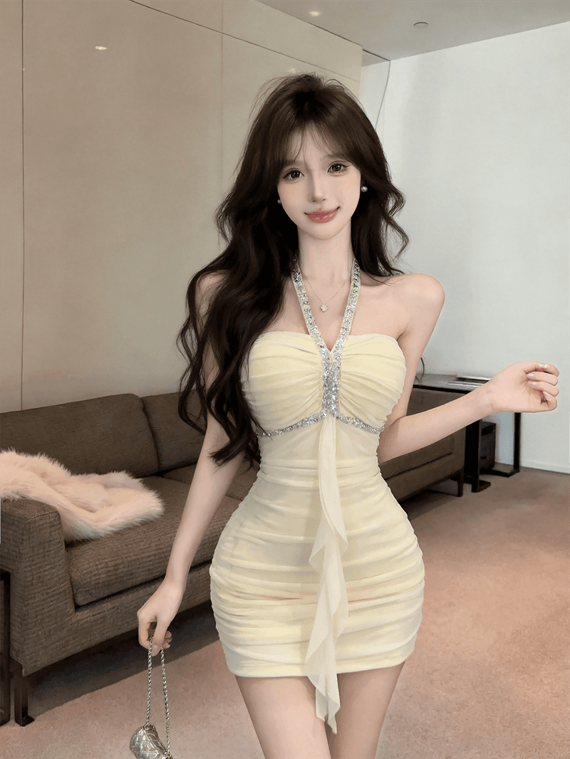 정가 실사 순수한 욕망 섹시함 핫걸 스팽글 행침 목 튜브탑 타이트 스커트 미니 스커트 주름 슬림해 보이는 드레스 상세 이미지 1