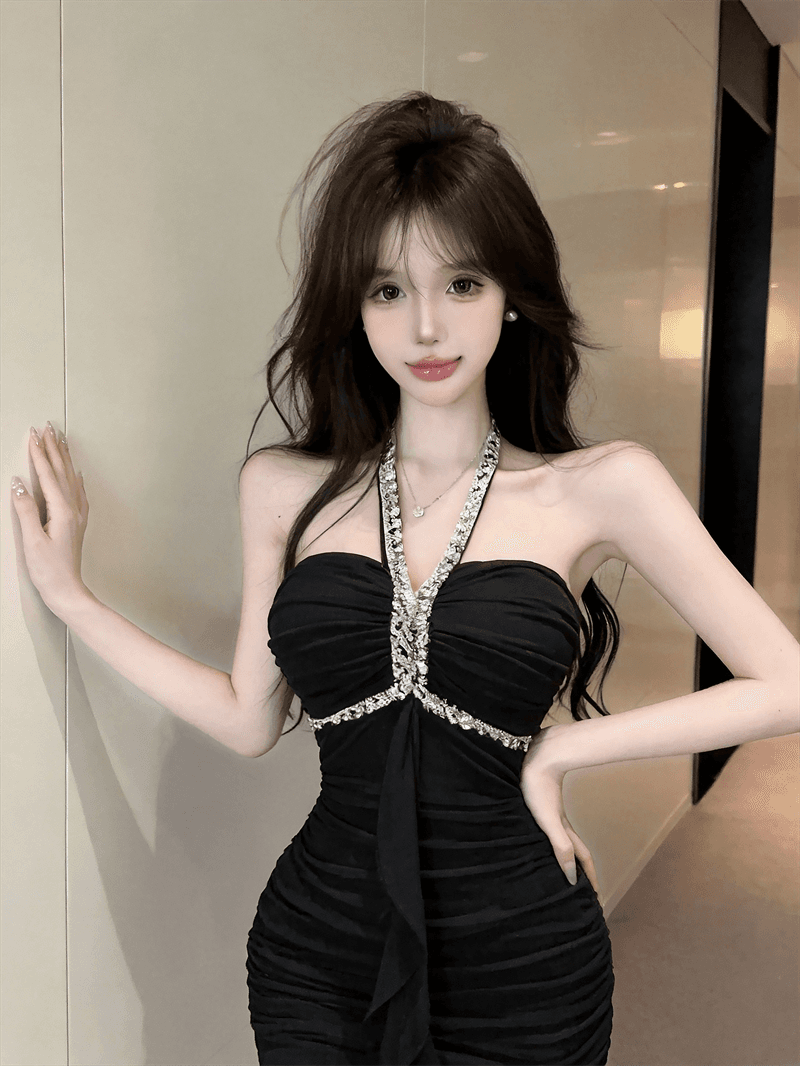 정가 실사 순수한 욕망 섹시함 핫걸 스팽글 행침 목 튜브탑 타이트 스커트 미니 스커트 주름 슬림해 보이는 드레스 상세 이미지 15
