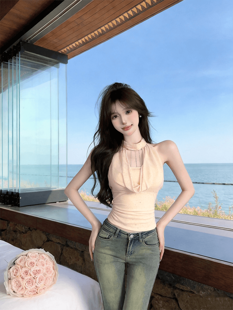 정가 실사 디자인 센스 체인 흔들다 칼라 플래시 훈련 행침 목 조끼 여성 여름 핫걸 허리 수축 몸매 가꾸기 슬림해 보이는 맨위 상세 이미지 5