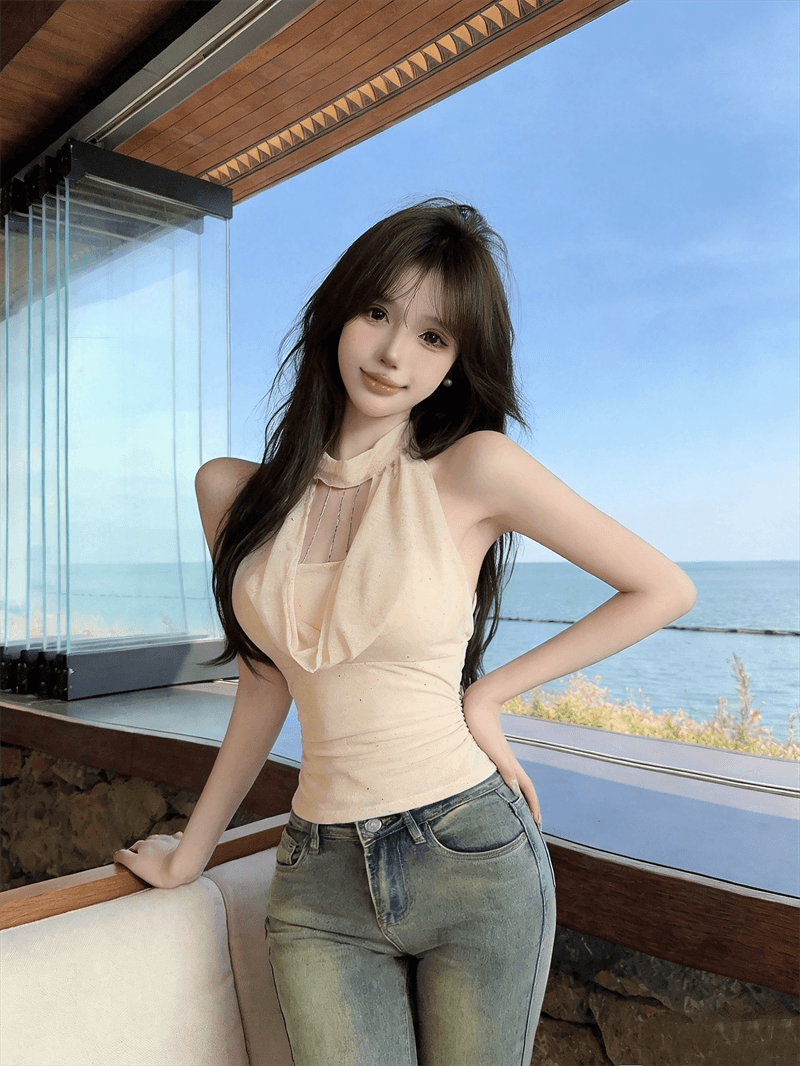 정가 실사 디자인 센스 체인 흔들다 칼라 플래시 훈련 행침 목 조끼 여성 여름 핫걸 허리 수축 몸매 가꾸기 슬림해 보이는 맨위 상세 이미지 6