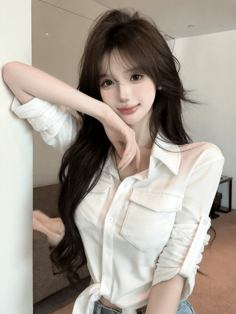 정가 실사 패션 로얄 자매 팬 POLO 칼라 디자인 센스 긴팔 여성 셔츠 몸매 가꾸기 핫걸 섹시함 쇼트 스타일 맨위 이미지 2