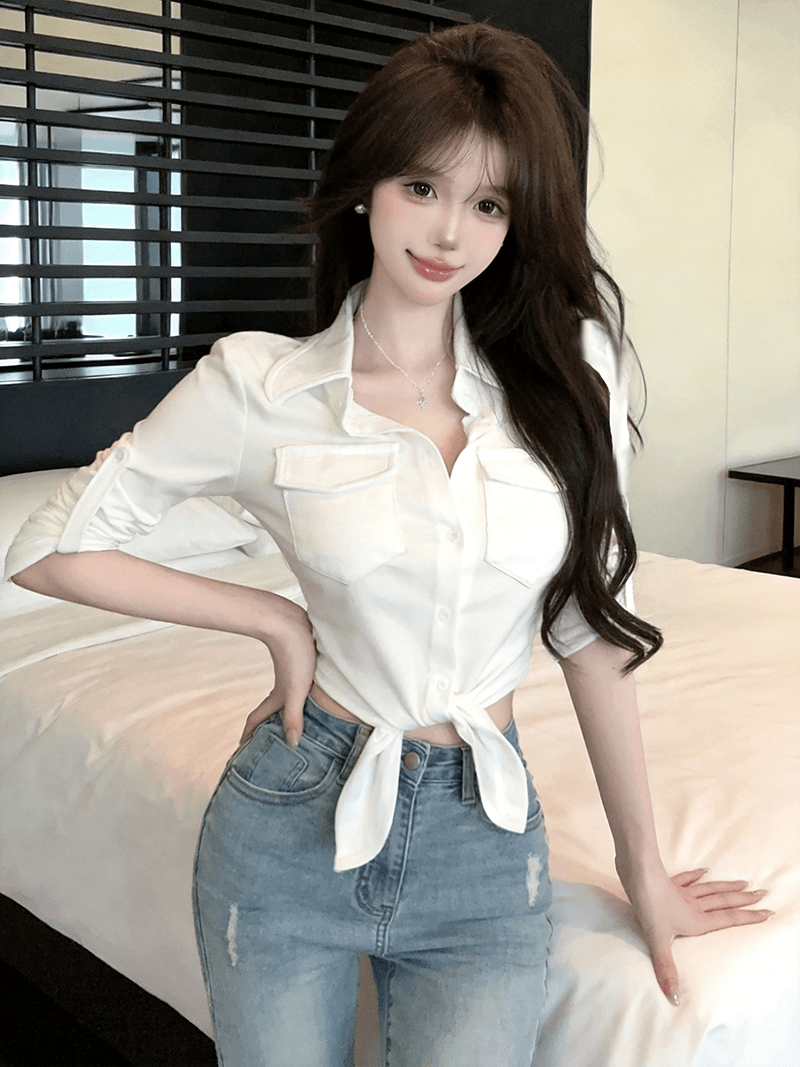 정가 실사 패션 로얄 자매 팬 POLO 칼라 디자인 센스 긴팔 여성 셔츠 몸매 가꾸기 핫걸 섹시함 쇼트 스타일 맨위 이미지 4