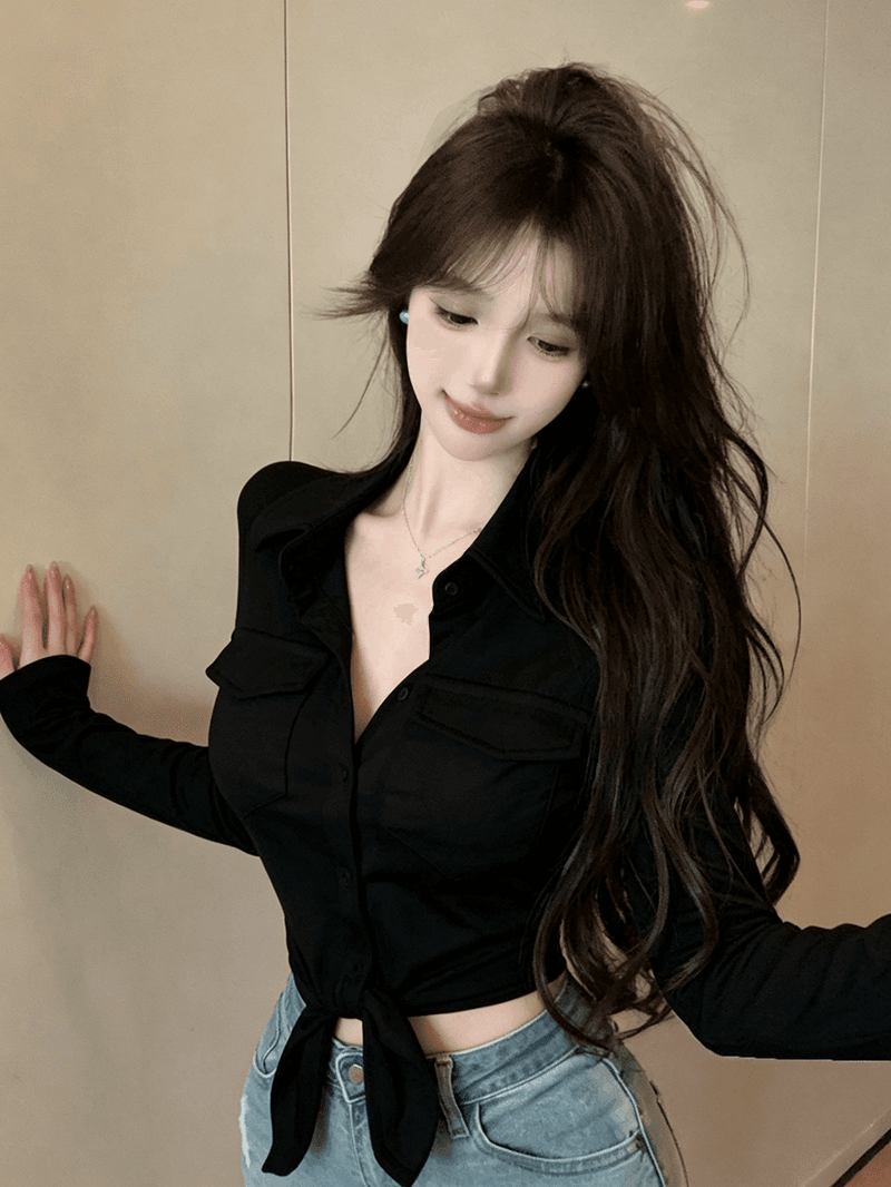 정가 실사 패션 로얄 자매 팬 POLO 칼라 디자인 센스 긴팔 여성 셔츠 몸매 가꾸기 핫걸 섹시함 쇼트 스타일 맨위 이미지 3