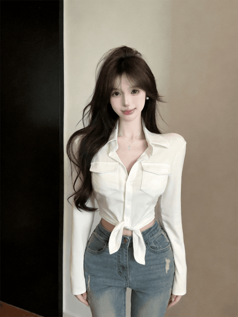 정가 실사 패션 로얄 자매 팬 POLO 칼라 디자인 센스 긴팔 여성 셔츠 몸매 가꾸기 핫걸 섹시함 쇼트 스타일 맨위 상세 이미지 1
