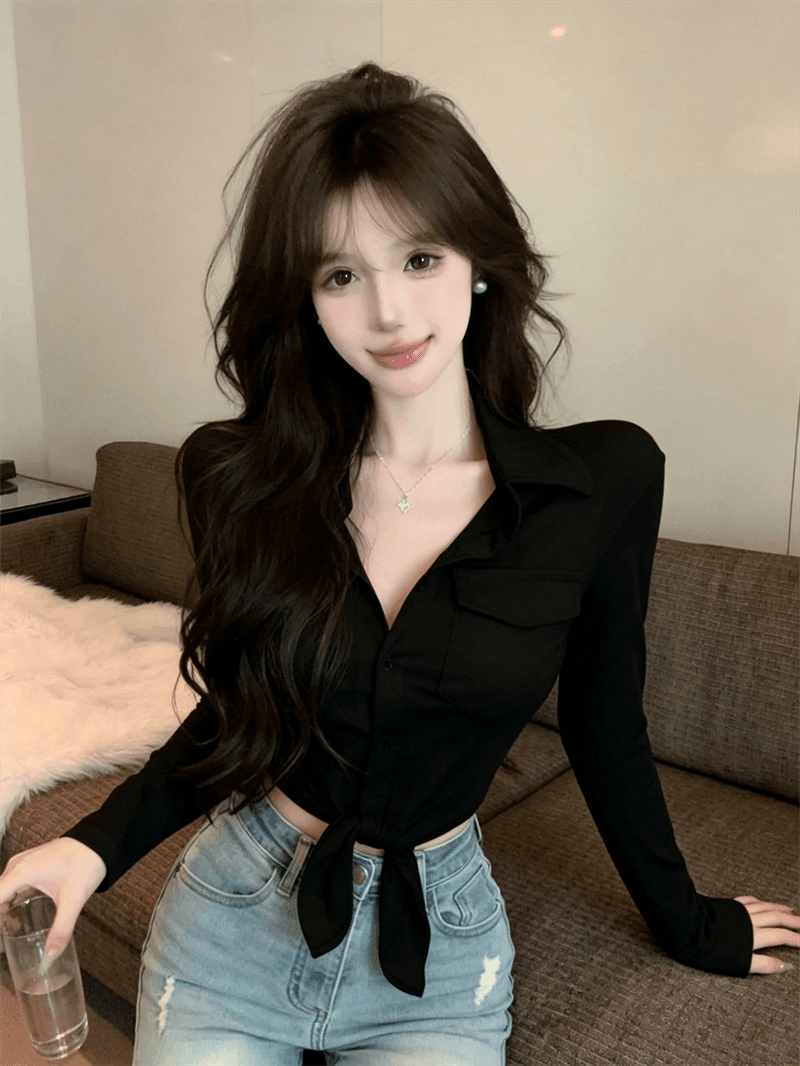 정가 실사 패션 로얄 자매 팬 POLO 칼라 디자인 센스 긴팔 여성 셔츠 몸매 가꾸기 핫걸 섹시함 쇼트 스타일 맨위 상세 이미지 18
