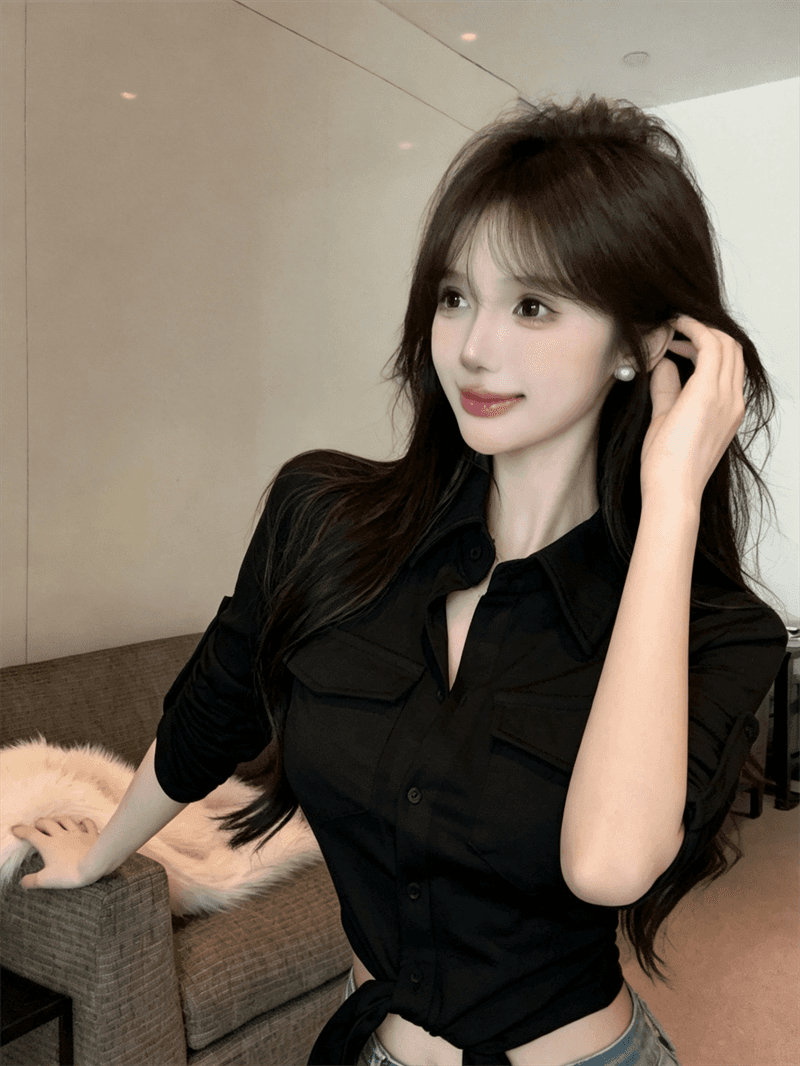 정가 실사 패션 로얄 자매 팬 POLO 칼라 디자인 센스 긴팔 여성 셔츠 몸매 가꾸기 핫걸 섹시함 쇼트 스타일 맨위 상세 이미지 20