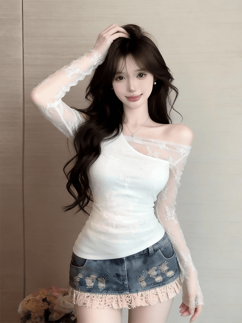 정가 실사 순수한 욕망 핫걸 비스듬한 어깨 조끼 레이스 자외선 차단 블라우스 불규칙 페이크 레이어드 긴팔 티셔츠 맨위 상세 이미지 7