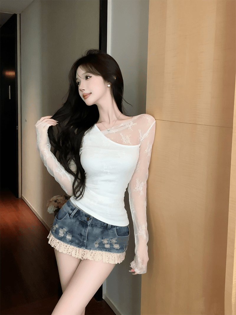 정가 실사 순수한 욕망 핫걸 비스듬한 어깨 조끼 레이스 자외선 차단 블라우스 불규칙 페이크 레이어드 긴팔 티셔츠 맨위 상세 이미지 8