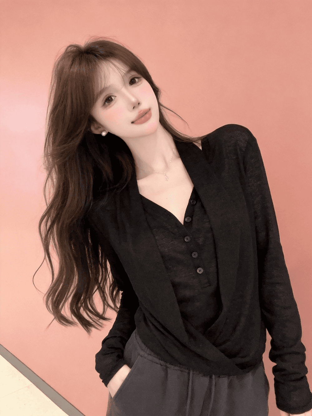 정가 실사 고급 센스 느긋한 바람 품격 출퇴근 페이크 레이어드 도루 흔들다 V넥 긴팔 기본 셔츠 티셔츠 맨위 이미지 5