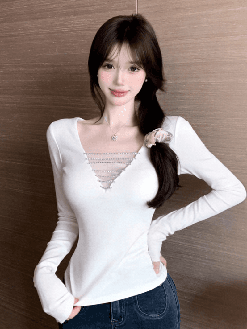 정가 실사 순수한 욕망 핫걸 훈련 사슬 섹시함 V넥 이슬 쇄골 슬림해 보이는 허리 수축 몸매 가꾸기 긴팔 맨위 이미지 5