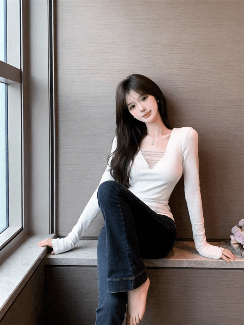 정가 실사 순수한 욕망 핫걸 훈련 사슬 섹시함 V넥 이슬 쇄골 슬림해 보이는 허리 수축 몸매 가꾸기 긴팔 맨위 상세 이미지 2
