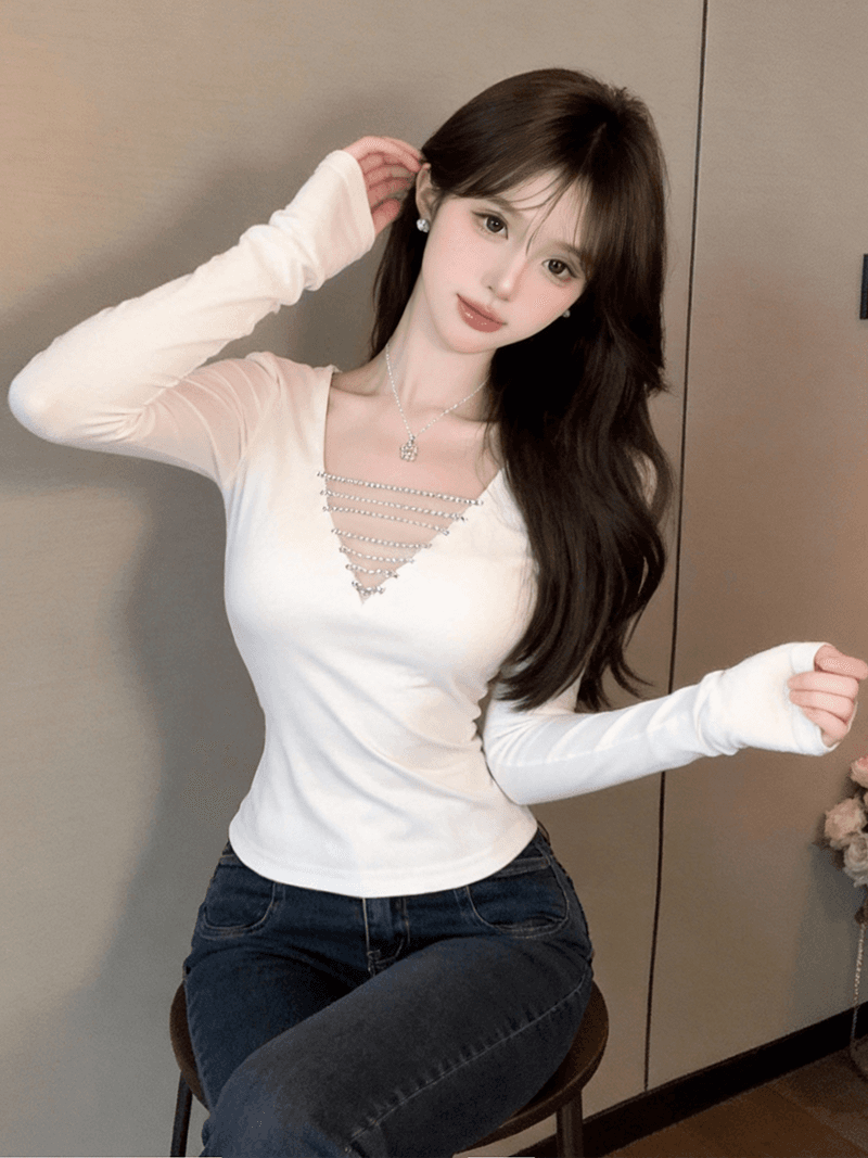 정가 실사 순수한 욕망 핫걸 훈련 사슬 섹시함 V넥 이슬 쇄골 슬림해 보이는 허리 수축 몸매 가꾸기 긴팔 맨위 상세 이미지 8