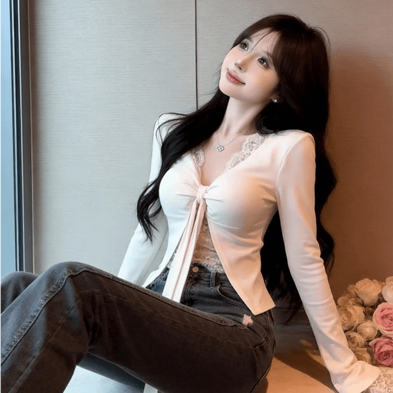 정가 실사 순수한 욕망 페이크 레이어드 긴팔 티셔츠 여성 섹시함 V넥 레이스 측면 인사이드 가져 가라. 벨트 가슴 패드 의류 이미지 6