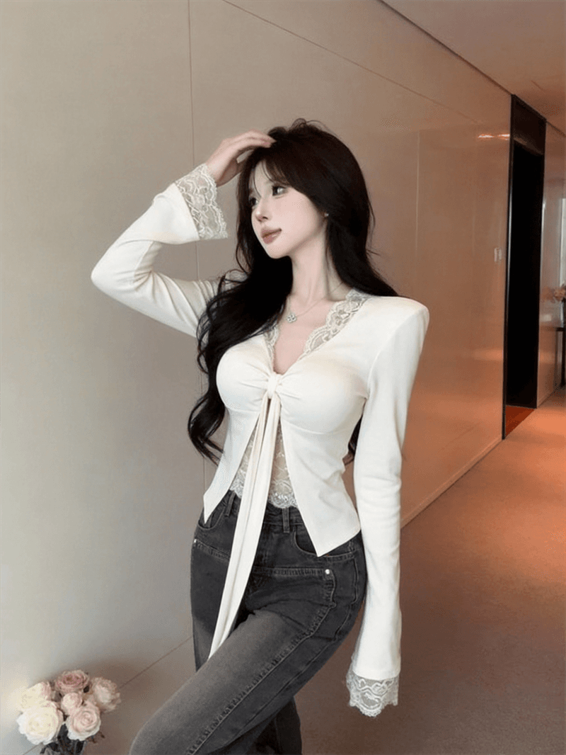 정가 실사 순수한 욕망 페이크 레이어드 긴팔 티셔츠 여성 섹시함 V넥 레이스 측면 인사이드 가져 가라. 벨트 가슴 패드 의류 상세 이미지 2