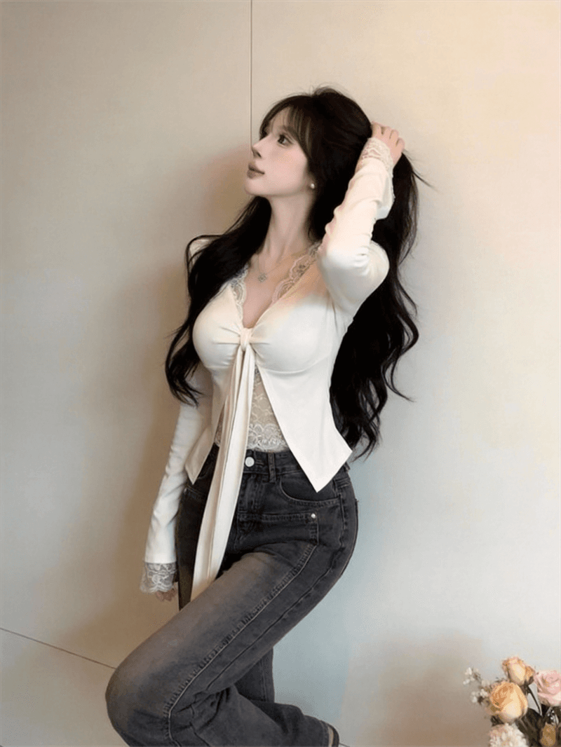 정가 실사 순수한 욕망 페이크 레이어드 긴팔 티셔츠 여성 섹시함 V넥 레이스 측면 인사이드 가져 가라. 벨트 가슴 패드 의류 상세 이미지 7