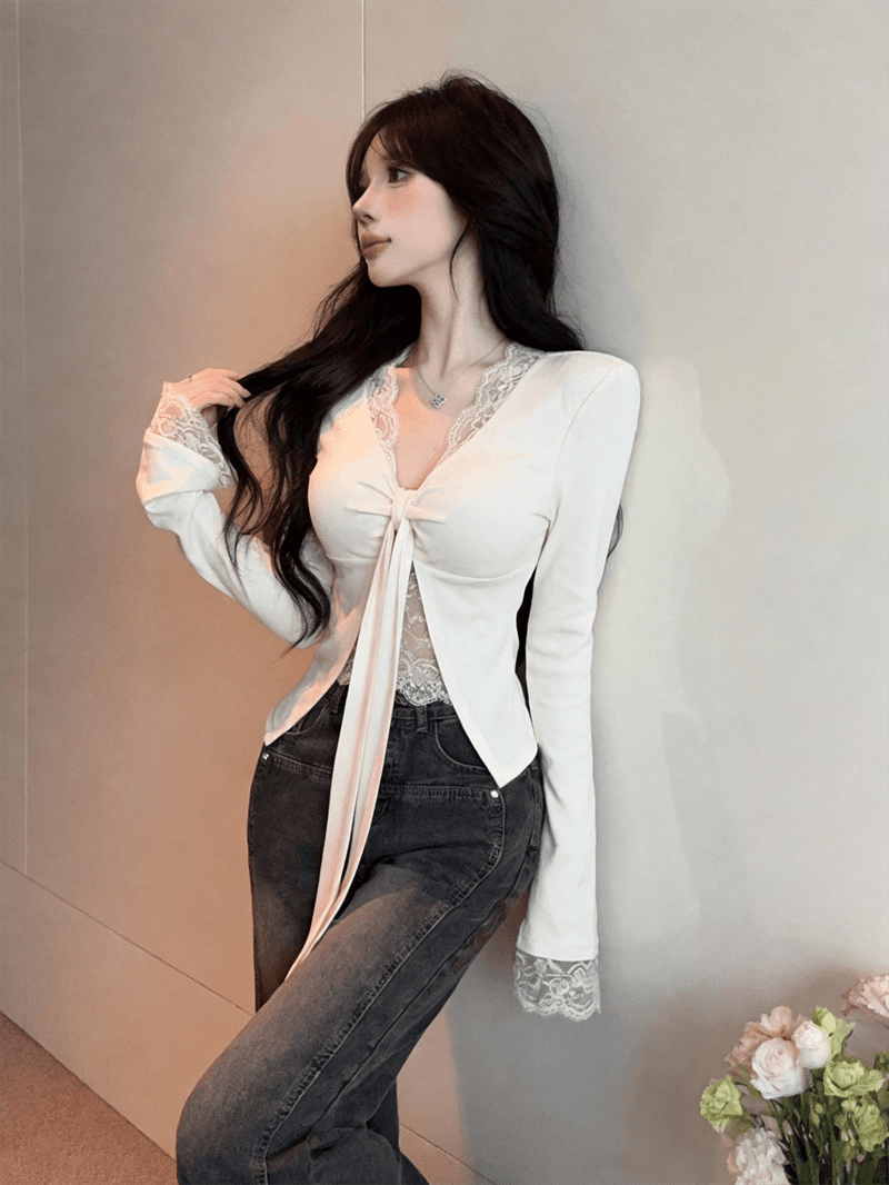 정가 실사 순수한 욕망 페이크 레이어드 긴팔 티셔츠 여성 섹시함 V넥 레이스 측면 인사이드 가져 가라. 벨트 가슴 패드 의류 상세 이미지 12