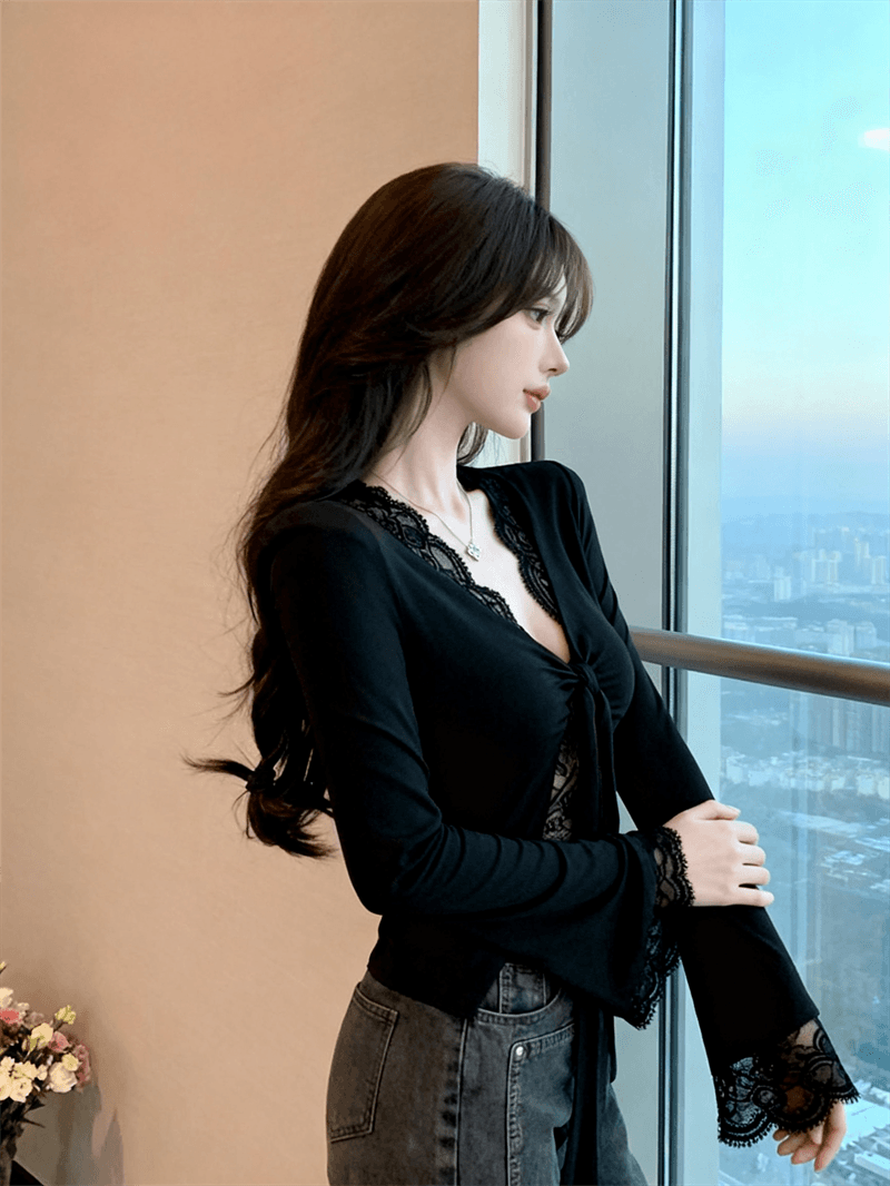 정가 실사 순수한 욕망 페이크 레이어드 긴팔 티셔츠 여성 섹시함 V넥 레이스 측면 인사이드 가져 가라. 벨트 가슴 패드 의류 상세 이미지 14