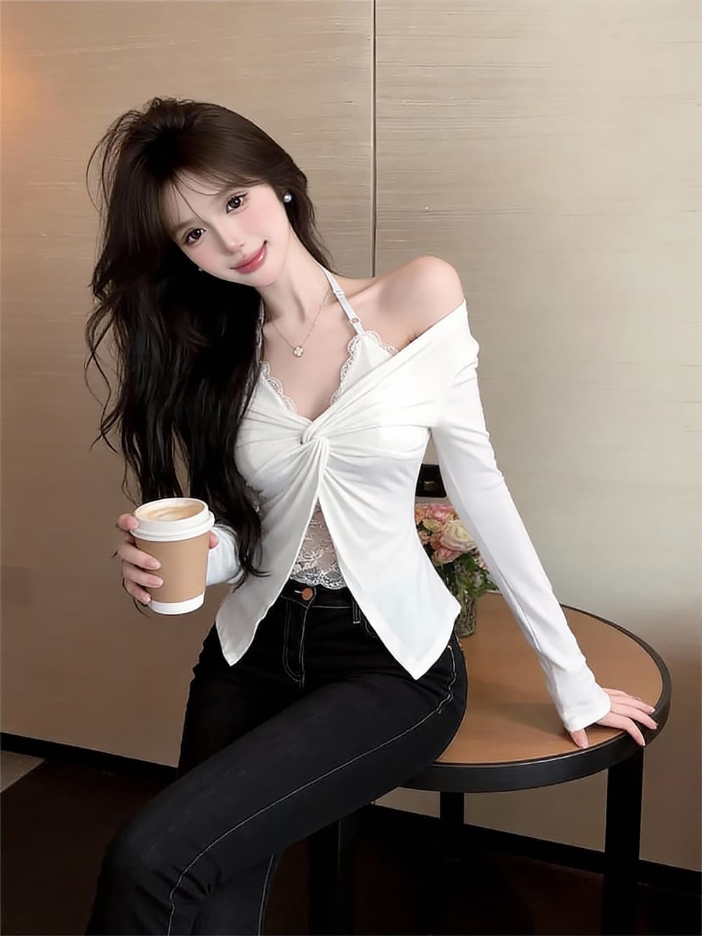정가 실사 순수한 욕망 섹시함 핫걸 인사이드 가져 가라. 티셔츠 디자인 센스 레이스 행침 목 페이크 레이어드 맨위 상세 이미지 4