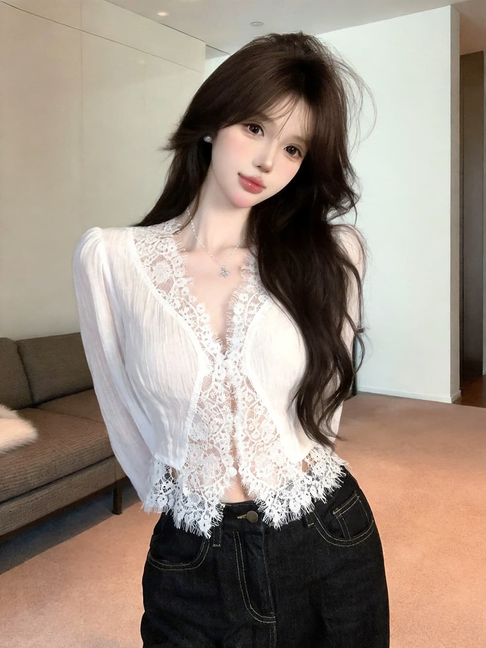 정가 실사 순수한 욕망 부드러운 바람 싸움 속눈썹 레이스 셔츠 쇼트 스타일 슬림해 보이는 문예 느긋한 긴팔 맨위 상세 이미지 6