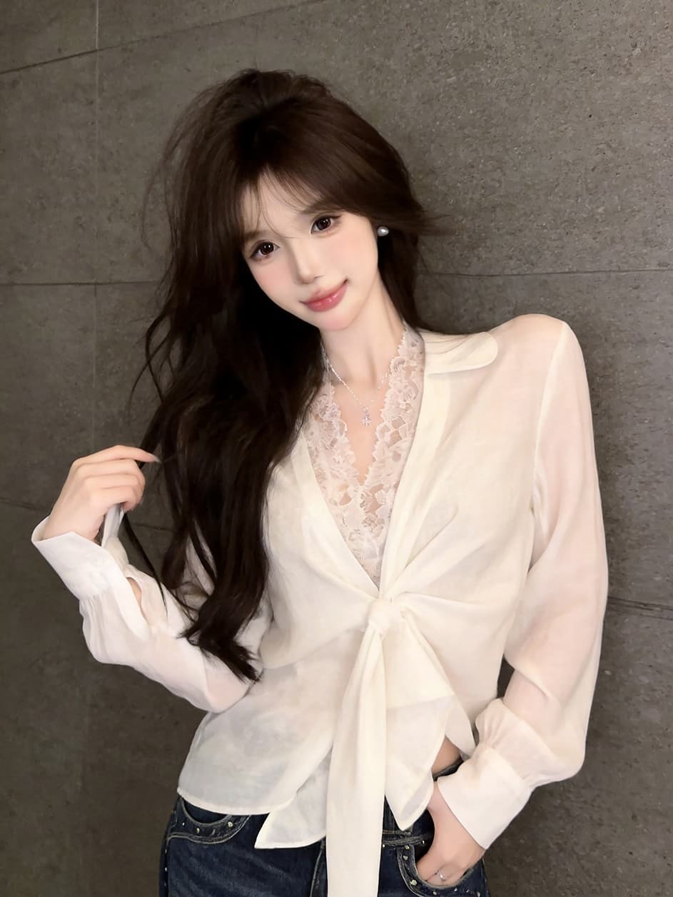 정가 실사 한 부서 품격 폴로 칼라 긴팔 셔츠 레이스 뒤로 심장 안에 가져 가라. 투피스 세트 디자인 센스 셔츠 맨위