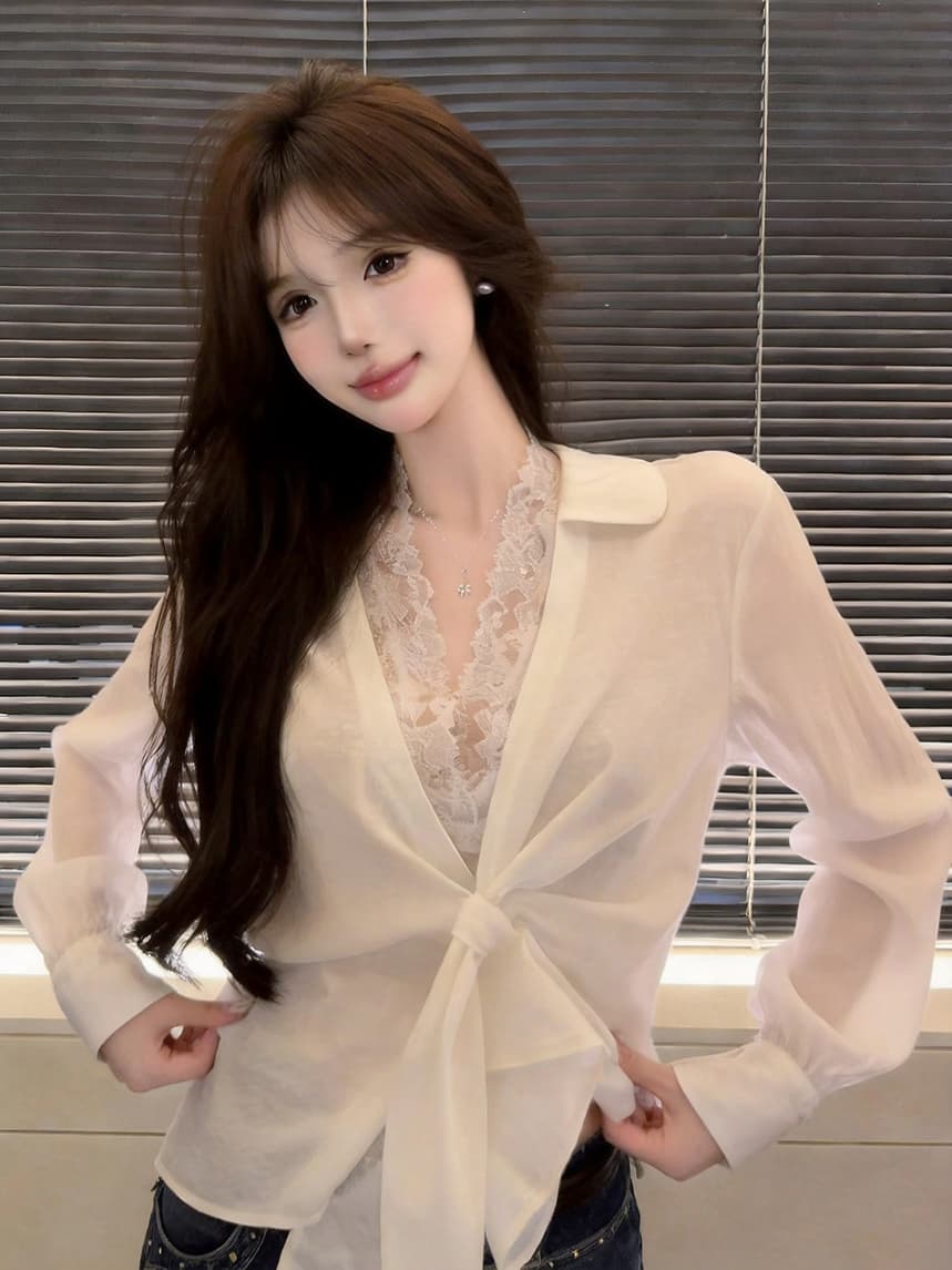 정가 실사 한 부서 품격 폴로 칼라 긴팔 셔츠 레이스 뒤로 심장 안에 가져 가라. 투피스 세트 디자인 센스 셔츠 맨위 이미지 3