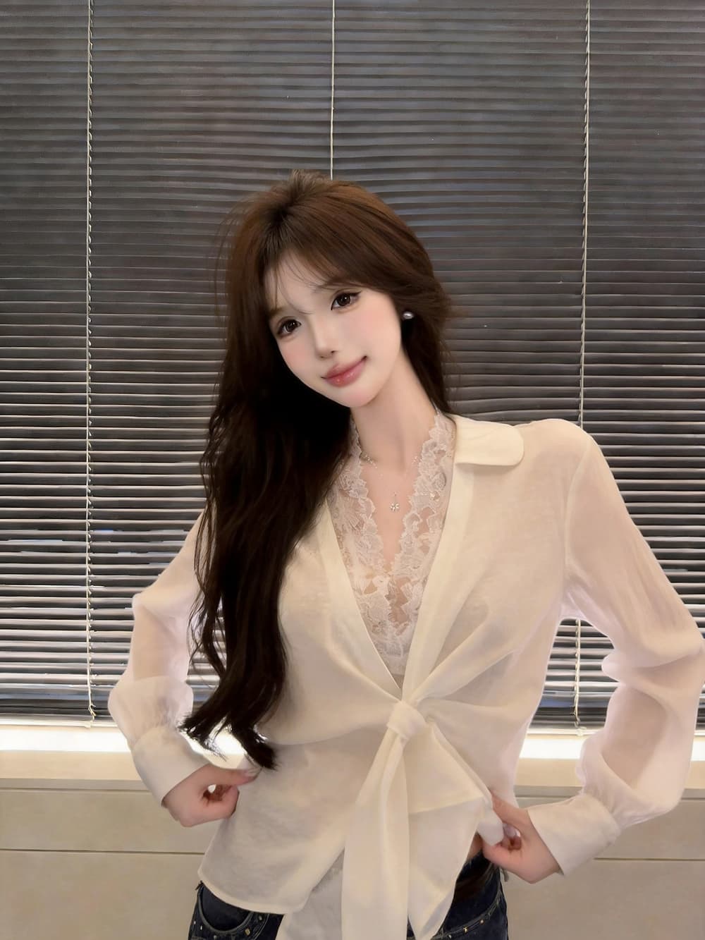 정가 실사 한 부서 품격 폴로 칼라 긴팔 셔츠 레이스 뒤로 심장 안에 가져 가라. 투피스 세트 디자인 센스 셔츠 맨위 상세 이미지 3