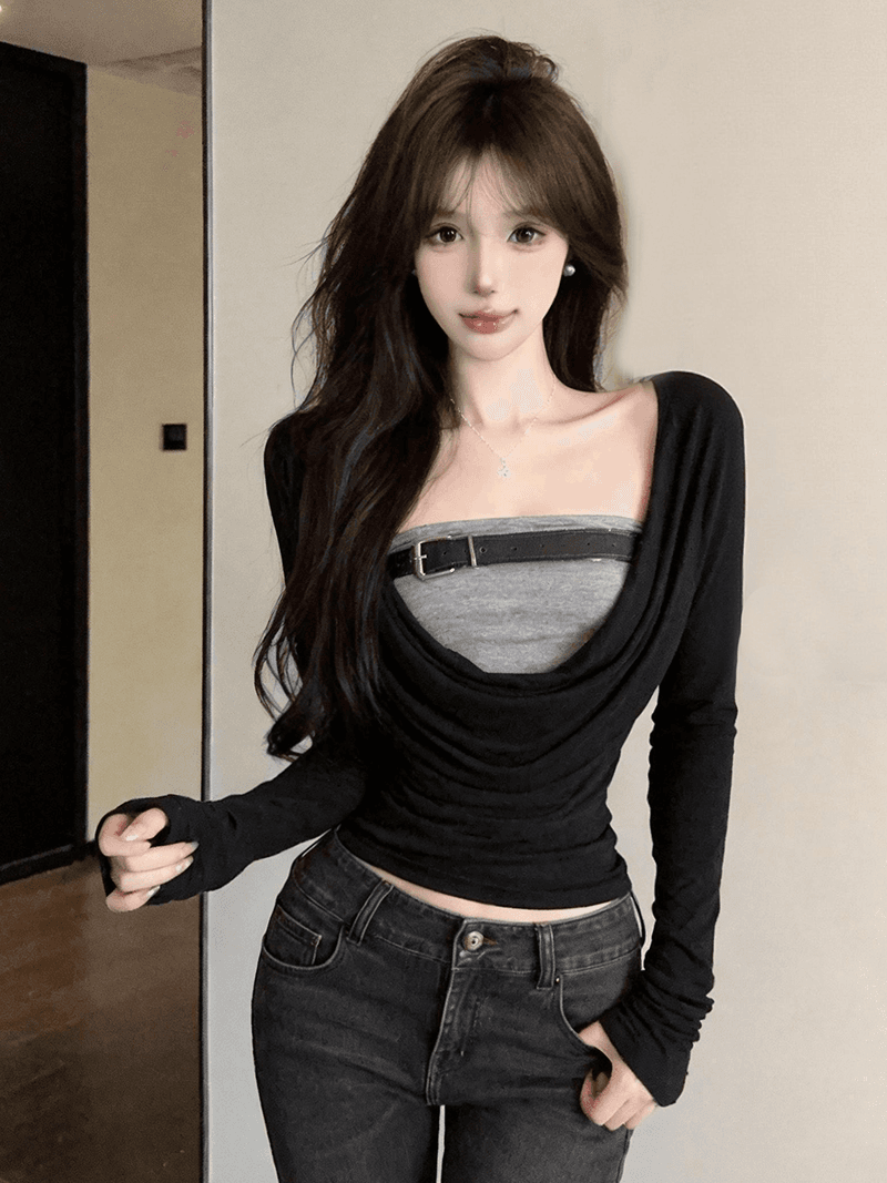 정가 실사 유럽과 미국 레트로 핫걸 페이크 레이어드 흔들다 칼라 긴팔 티셔츠 여성 디자인 센스 허리 수축 슬림해 보이는 짧은 맨위 이미지 2