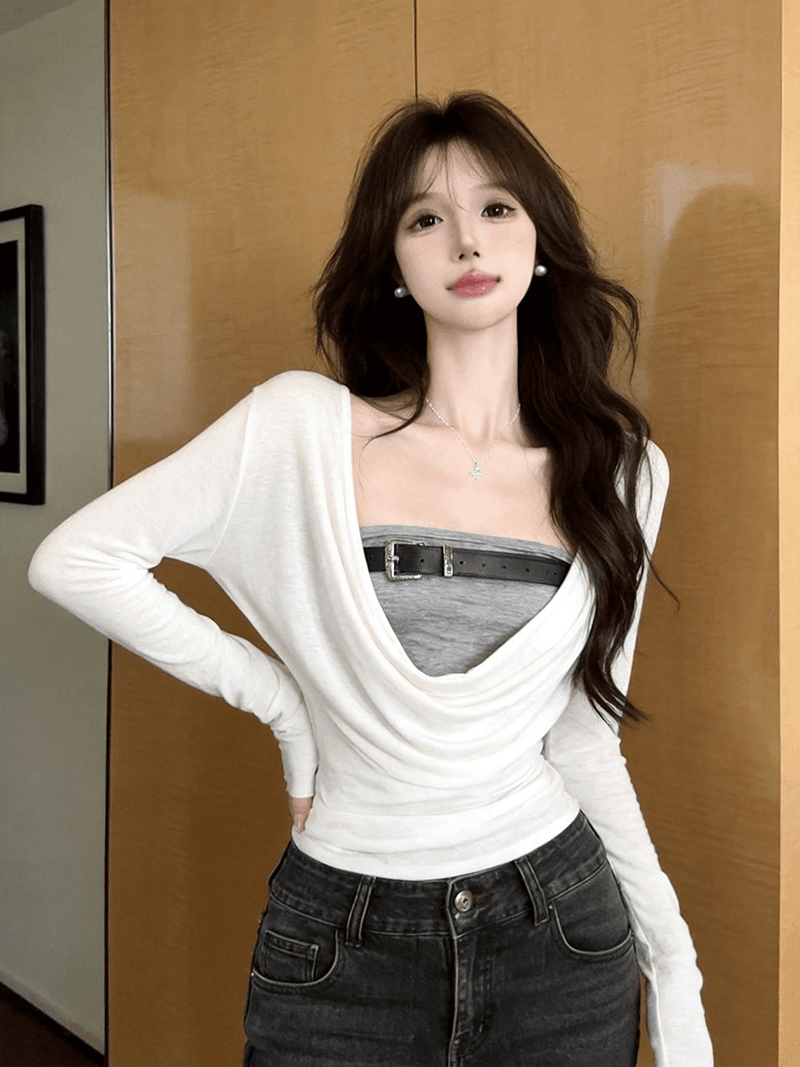 정가 실사 유럽과 미국 레트로 핫걸 페이크 레이어드 흔들다 칼라 긴팔 티셔츠 여성 디자인 센스 허리 수축 슬림해 보이는 짧은 맨위 이미지 3
