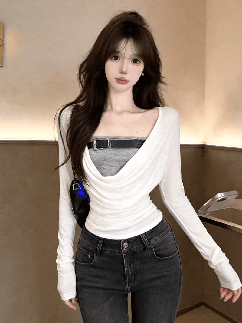 정가 실사 유럽과 미국 레트로 핫걸 페이크 레이어드 흔들다 칼라 긴팔 티셔츠 여성 디자인 센스 허리 수축 슬림해 보이는 짧은 맨위 이미지 5