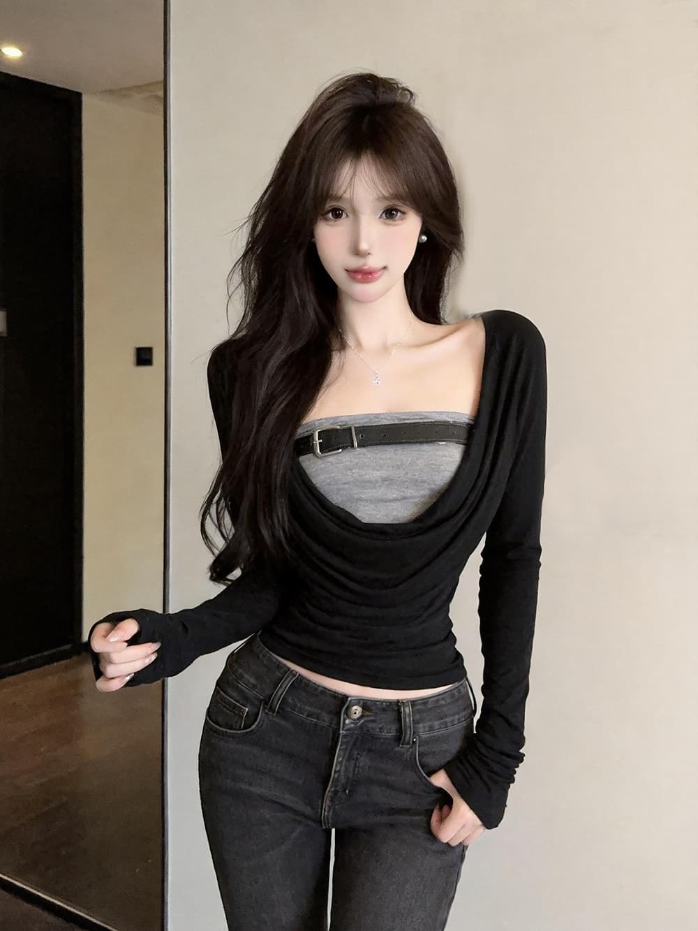 정가 실사 유럽과 미국 레트로 핫걸 페이크 레이어드 흔들다 칼라 긴팔 티셔츠 여성 디자인 센스 허리 수축 슬림해 보이는 짧은 맨위 상세 이미지 1