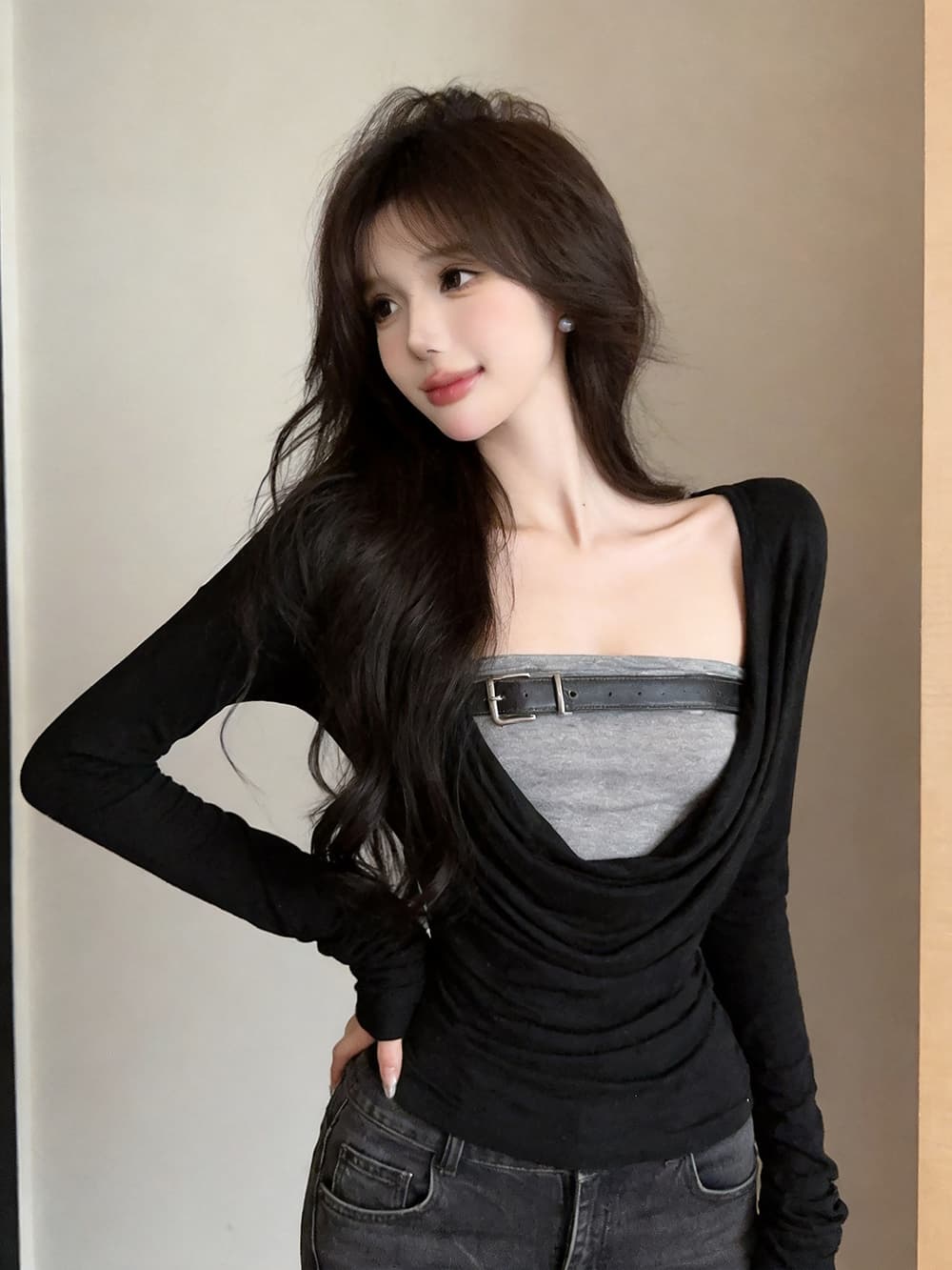 정가 실사 유럽과 미국 레트로 핫걸 페이크 레이어드 흔들다 칼라 긴팔 티셔츠 여성 디자인 센스 허리 수축 슬림해 보이는 짧은 맨위 상세 이미지 7