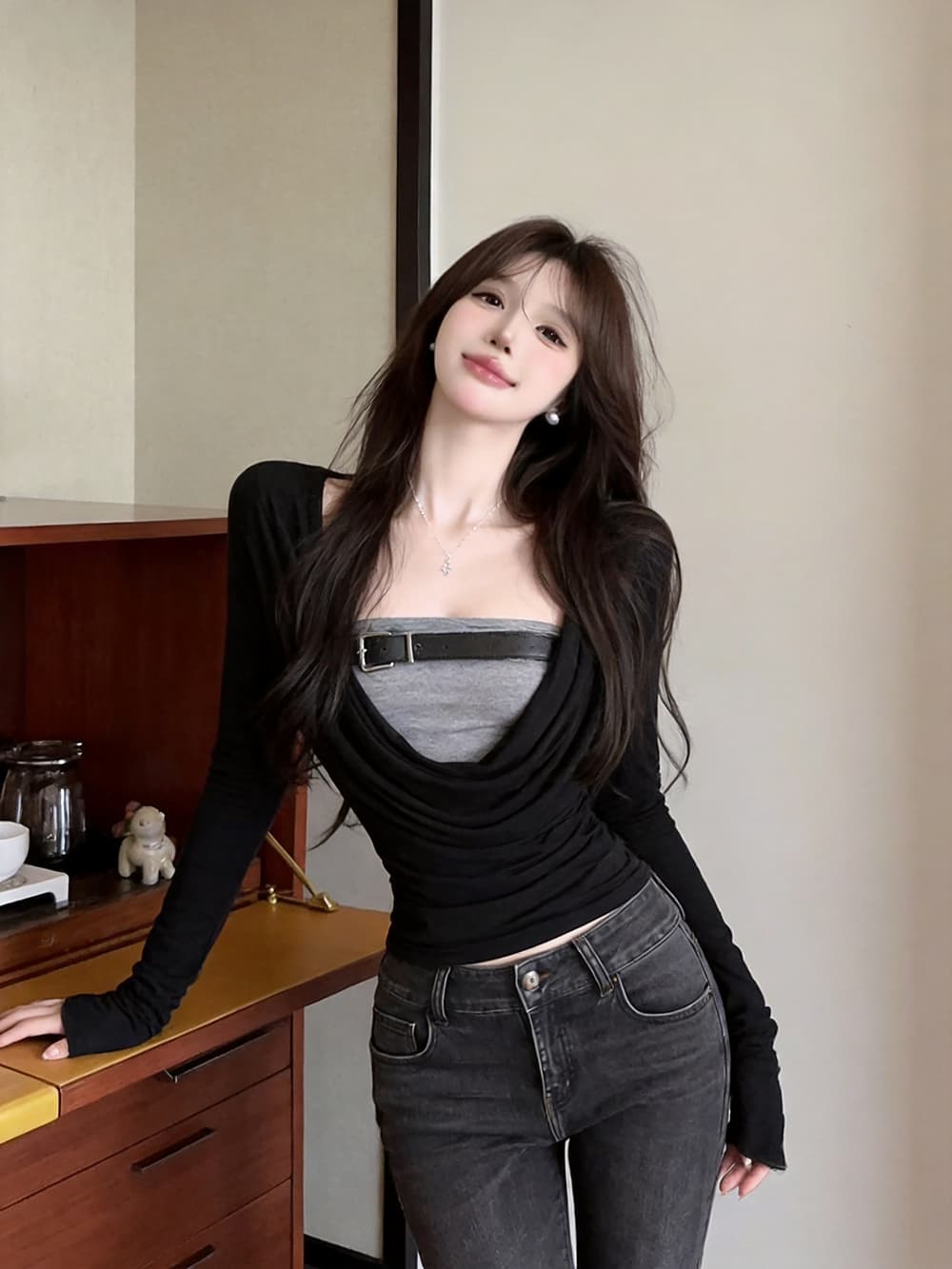 정가 실사 유럽과 미국 레트로 핫걸 페이크 레이어드 흔들다 칼라 긴팔 티셔츠 여성 디자인 센스 허리 수축 슬림해 보이는 짧은 맨위 상세 이미지 8