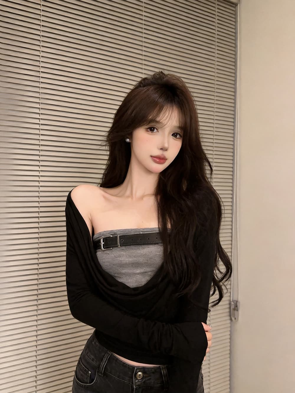 정가 실사 유럽과 미국 레트로 핫걸 페이크 레이어드 흔들다 칼라 긴팔 티셔츠 여성 디자인 센스 허리 수축 슬림해 보이는 짧은 맨위 상세 이미지 9
