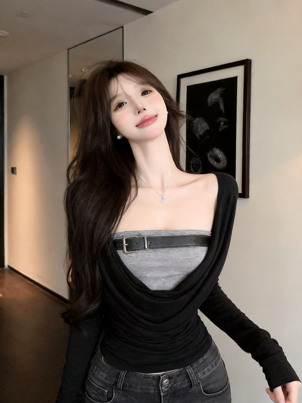정가 실사 유럽과 미국 레트로 핫걸 페이크 레이어드 흔들다 칼라 긴팔 티셔츠 여성 디자인 센스 허리 수축 슬림해 보이는 짧은 맨위 상세 이미지 10