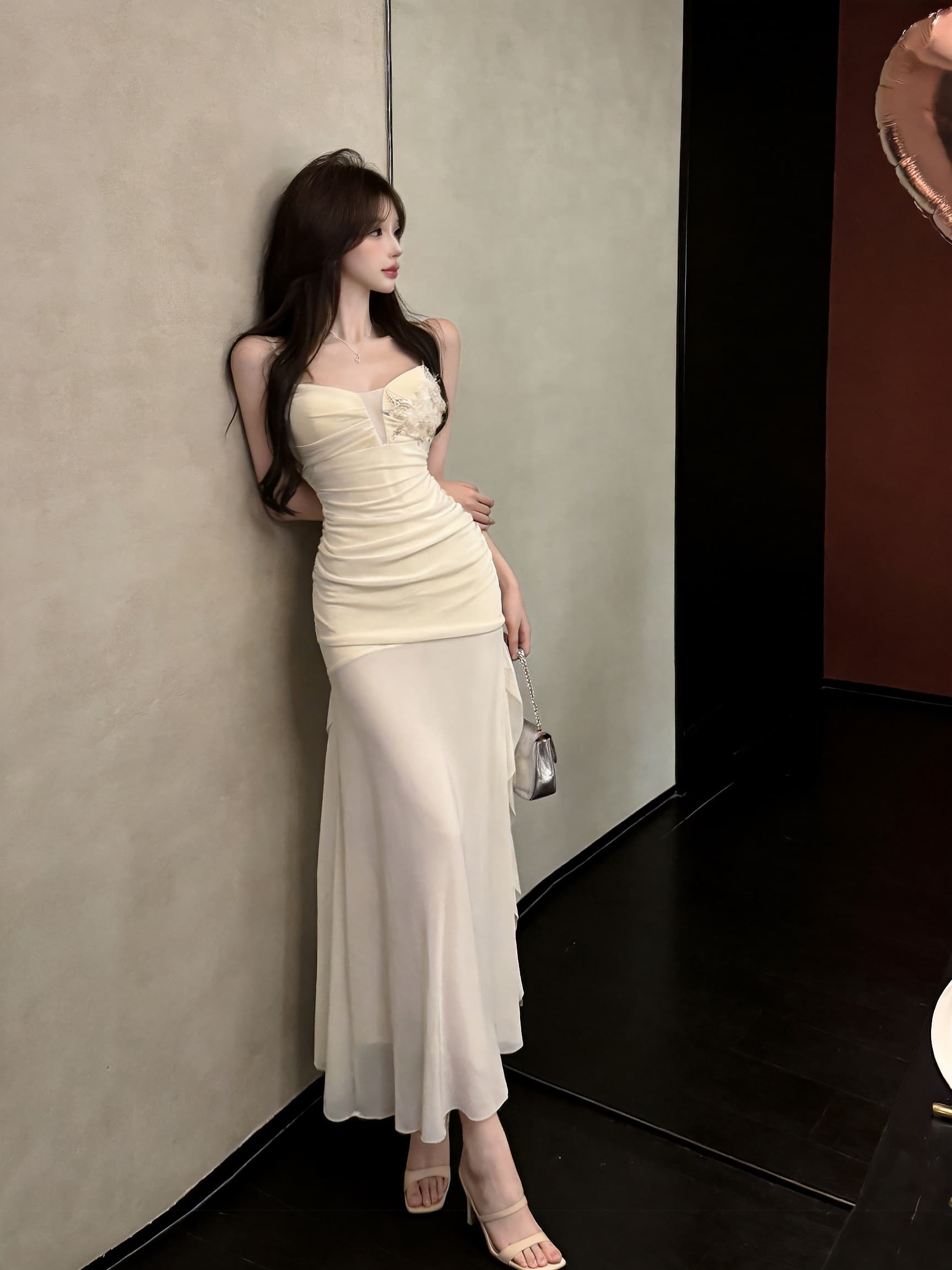 정가 실사 순수한 욕망 핫걸 섹시함 명문 여성 품격 슬립 망사 꽃 주름 장식 슬림해 보이는 트임 우아함 롱 스커트 상세 이미지 10