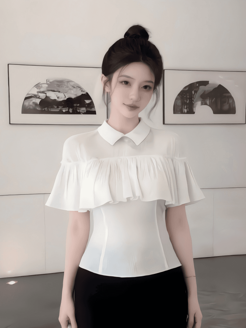 빅 사이즈 실사 플리츠 망토 얇고 가벼운 통기성 여성 셔츠 이미지 2