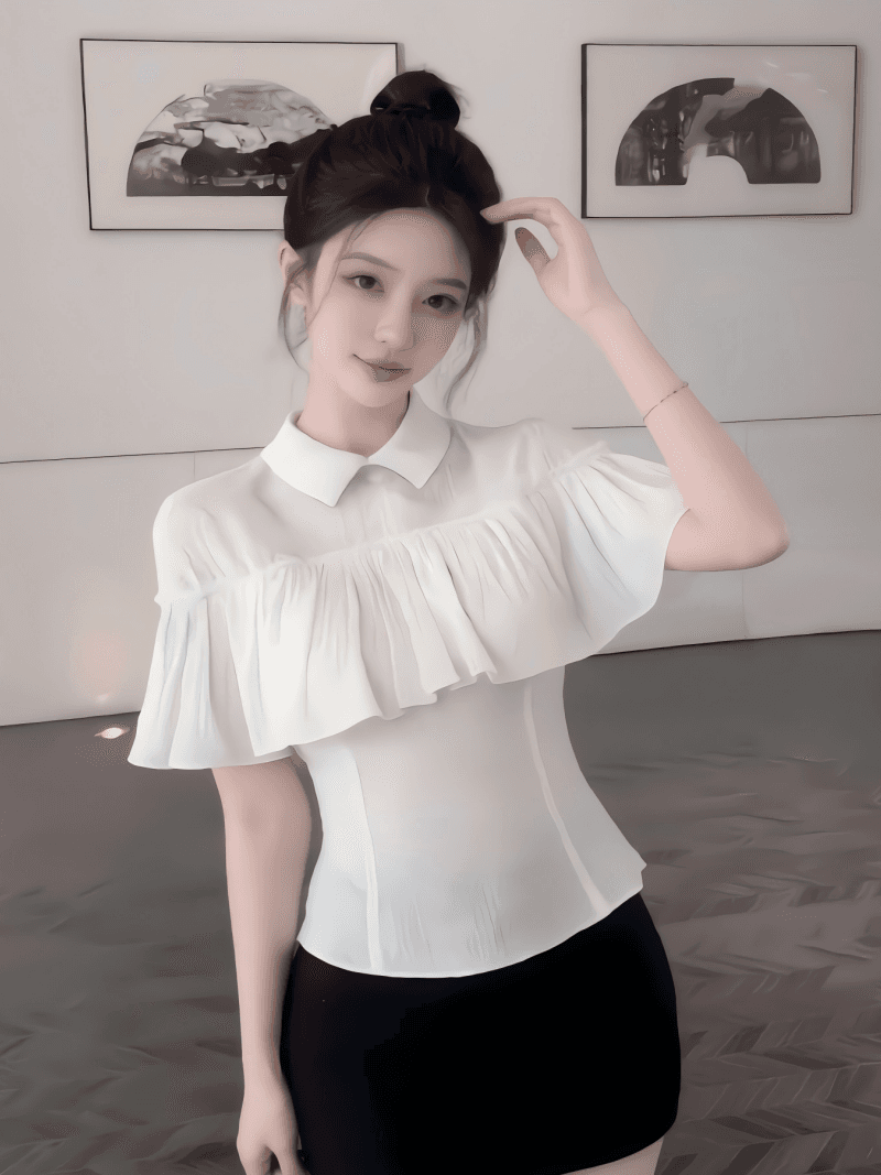 빅 사이즈 실사 플리츠 망토 얇고 가벼운 통기성 여성 셔츠 이미지 4