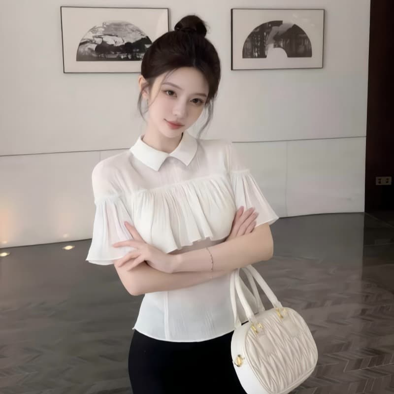 빅 사이즈 실사 플리츠 망토 얇고 가벼운 통기성 여성 셔츠 이미지 5