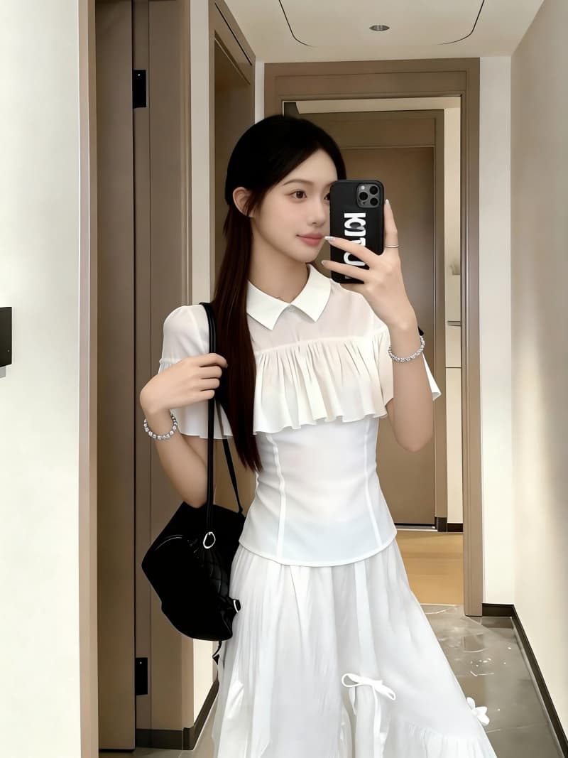 빅 사이즈 실사 플리츠 망토 얇고 가벼운 통기성 여성 셔츠 상세 이미지 2