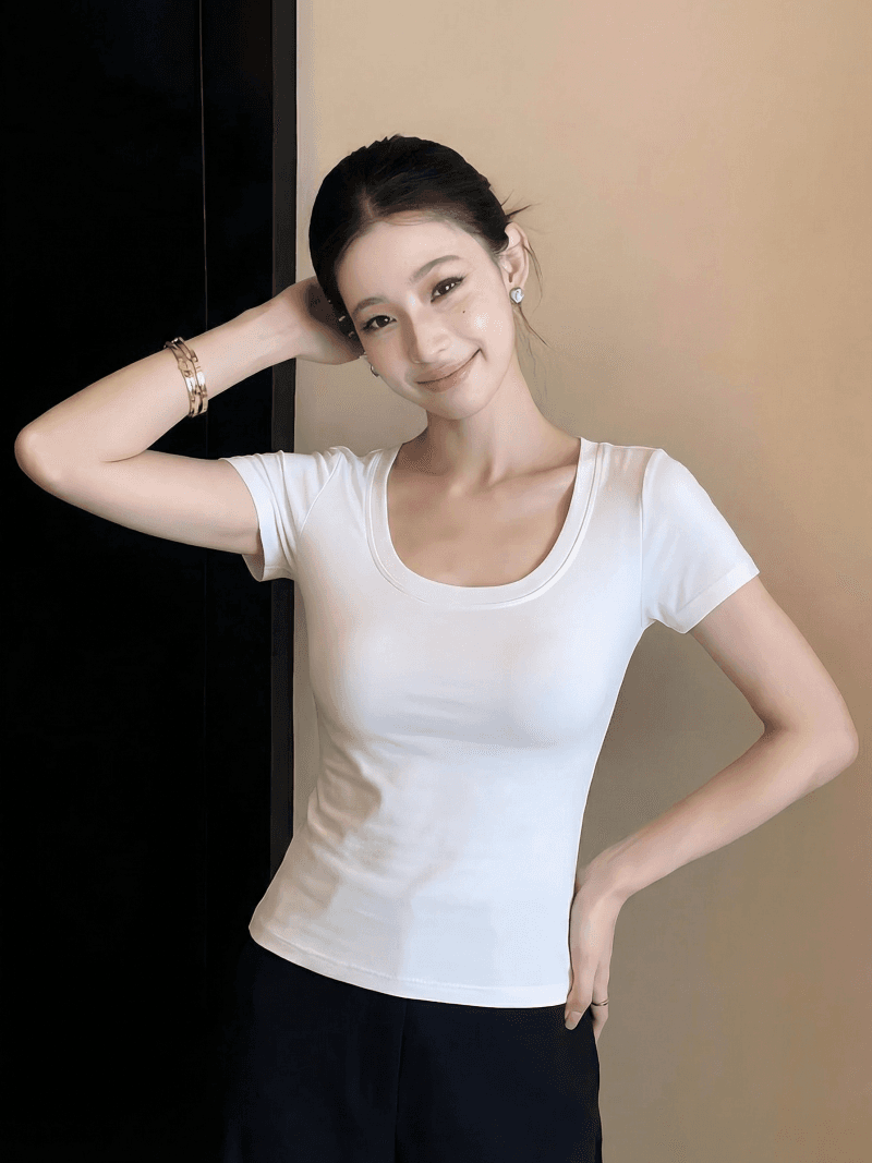 빅 사이즈 실사 u 칼라 티셔츠 여성용 짧은 소매 2026 여름 새로운 몸매 가꾸기 슬림해 보이는 한국 스타일 반소매 상세 이미지 4