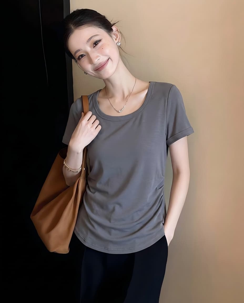 빅 사이즈 실사 새로운 라운드 넥 반팔 티셔츠 여성 여름 다용도 패션 맨위 이미지 3