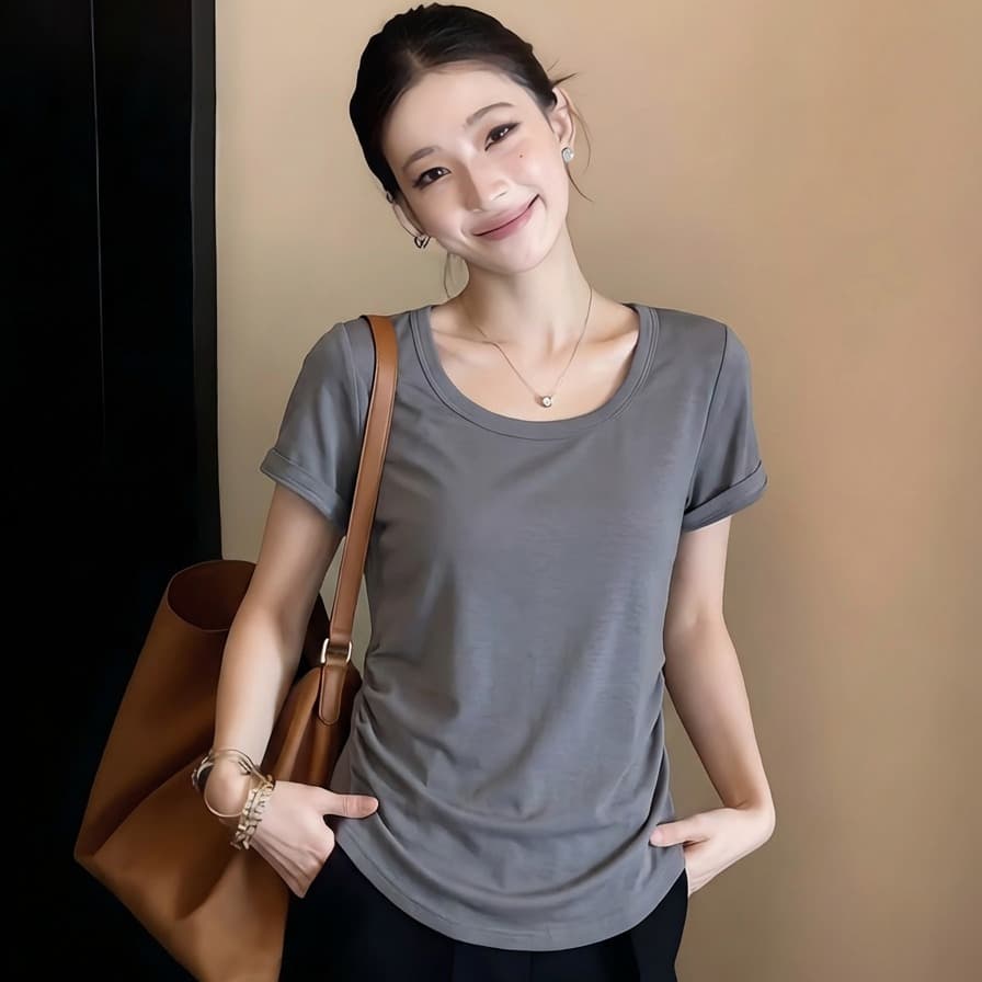 빅 사이즈 실사 새로운 라운드 넥 반팔 티셔츠 여성 여름 다용도 패션 맨위 이미지 5