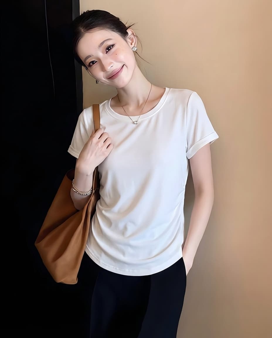 빅 사이즈 실사 새로운 라운드 넥 반팔 티셔츠 여성 여름 다용도 패션 맨위 상세 이미지 3