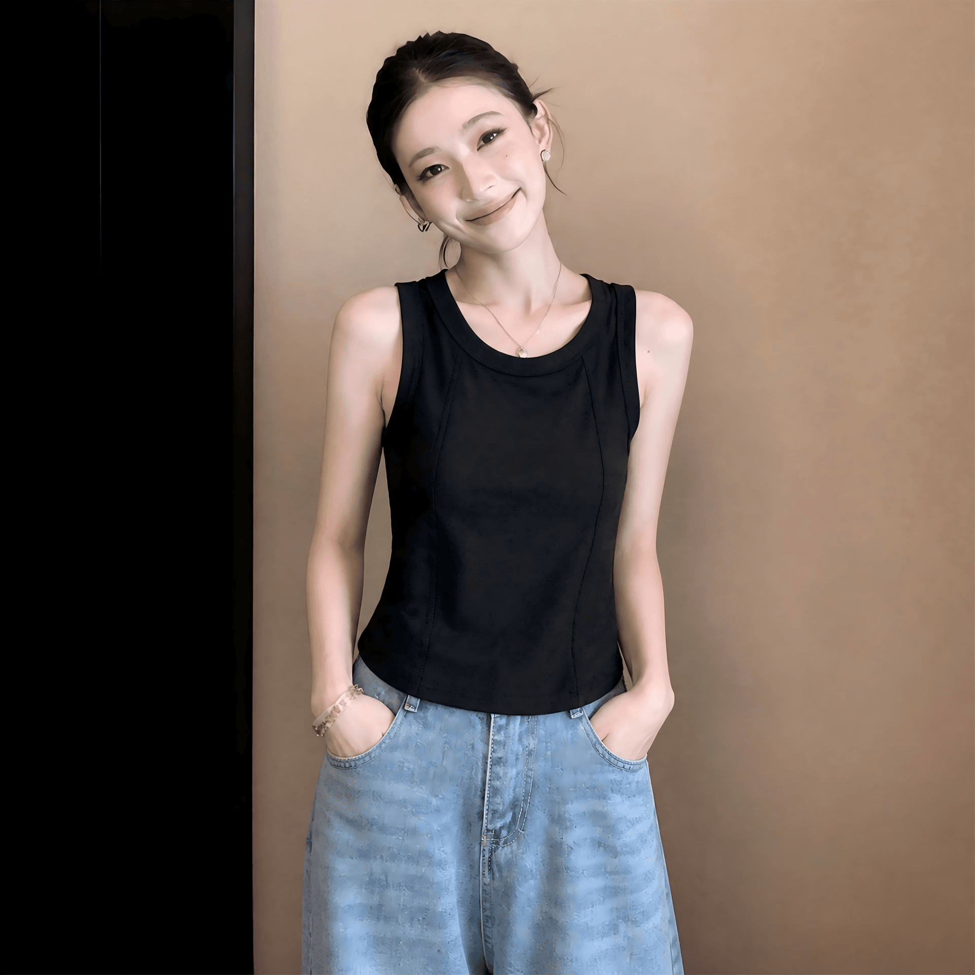빅 사이즈 실사 다용도 u 칼라 만나는 캐미솔 허리 수축 슬림해 보이는 민소매 맨위 상세 이미지 5