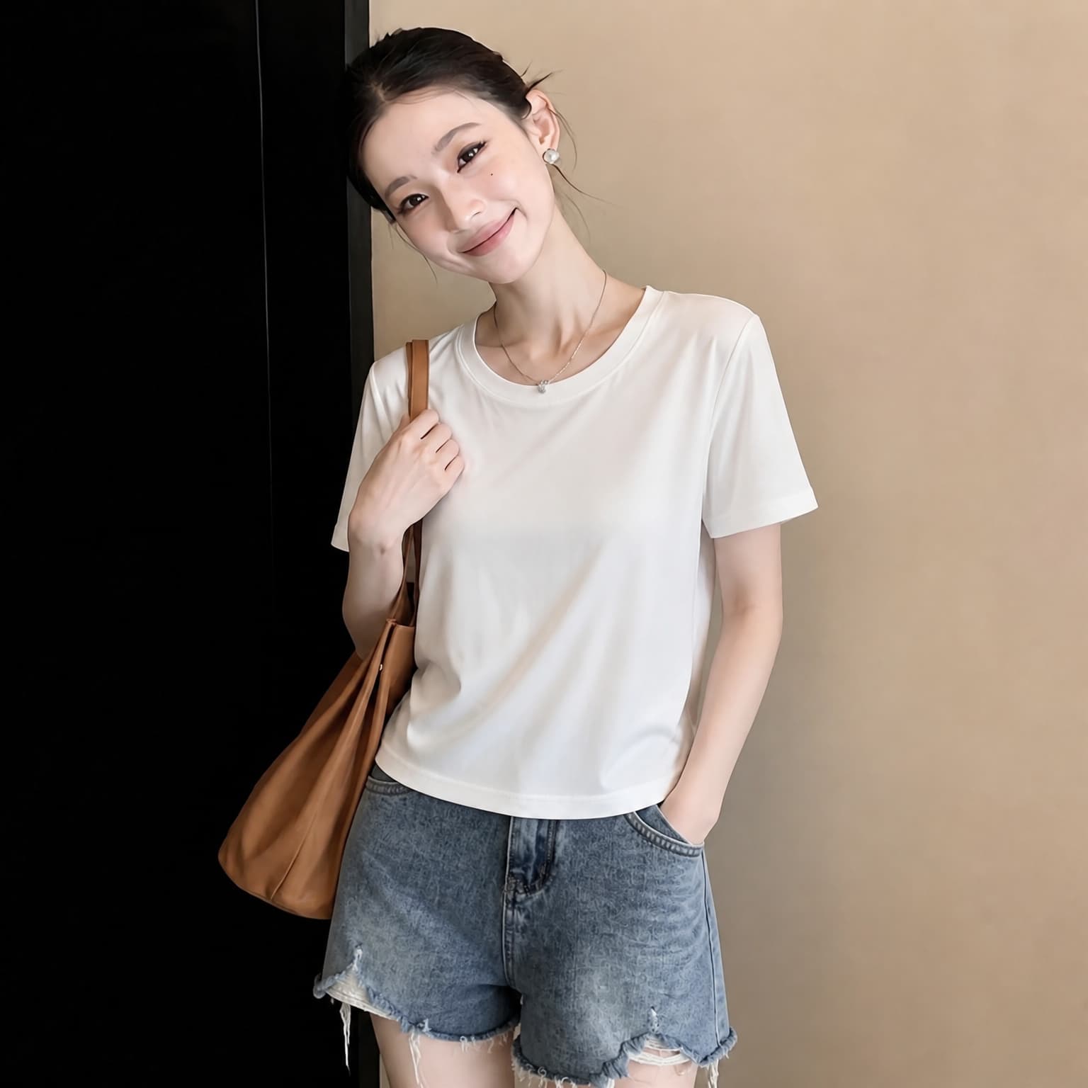 빅 사이즈 실사 라운드 넥 다용도 슬림해 보이는 사탕 색상 반팔 라운드 넥 티셔츠 상세 이미지 7