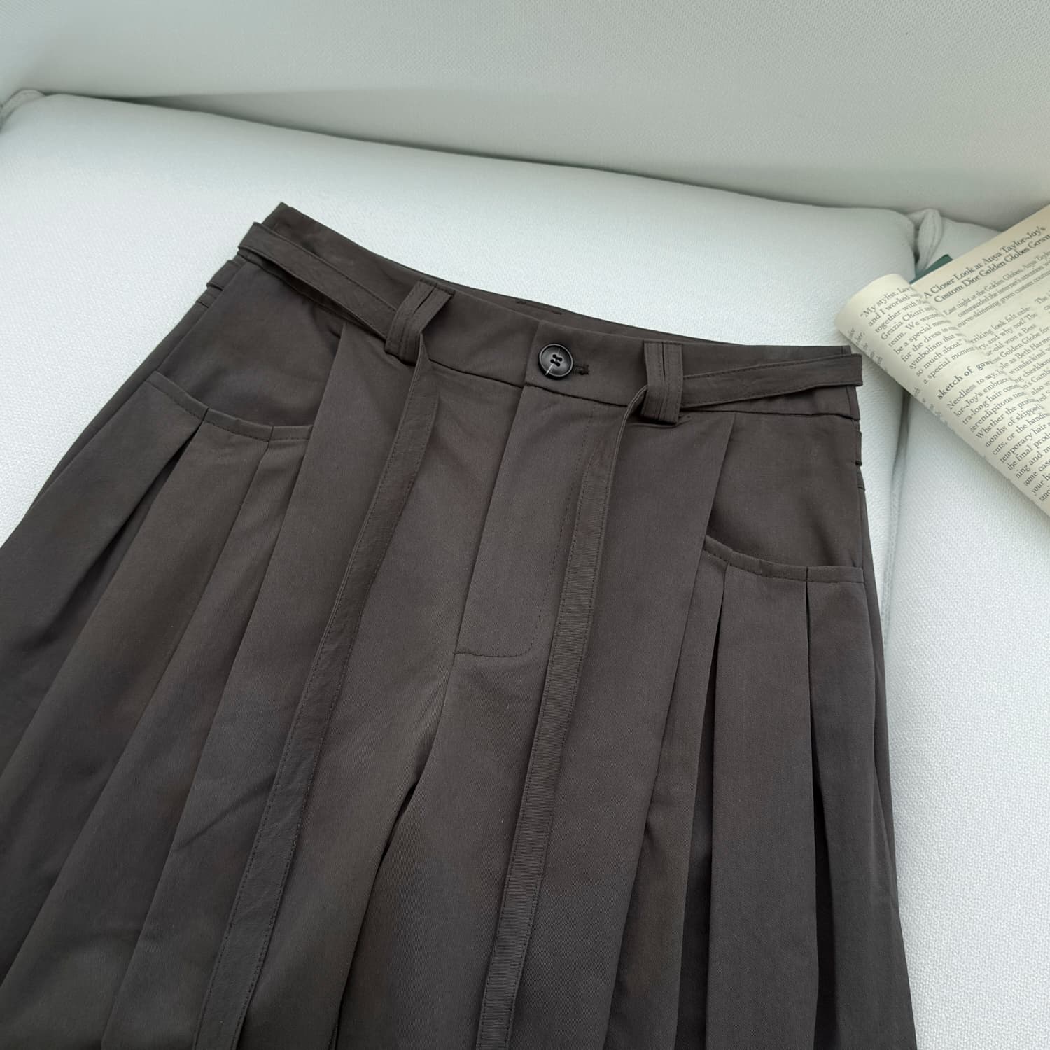 25fw 디자인 센스 허리 끈 주머니 명중 Pleat 루즈핏 캐주얼 넓은 다리 스트레이트 긴 바지 상세 이미지 12